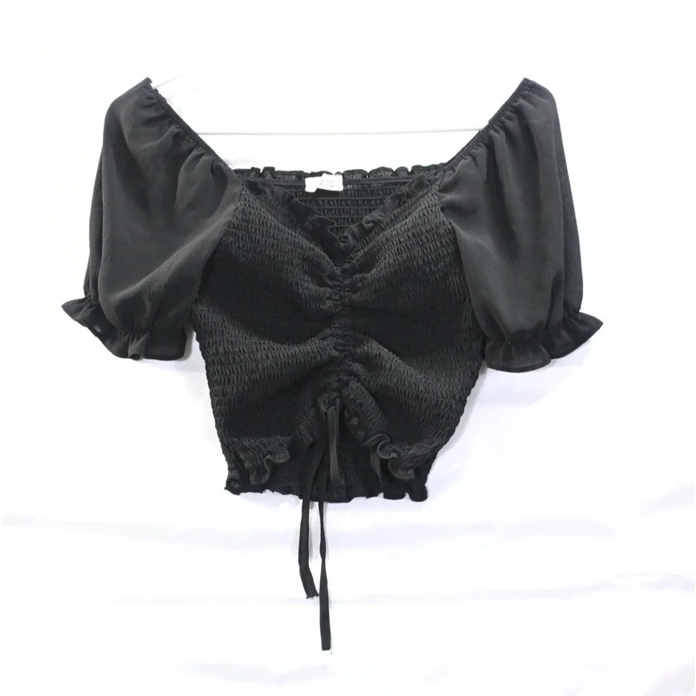 Active USA Black Smocked Crop Top Puff Sleeve Ruched Tie Front Blouse M Y2K Sexy